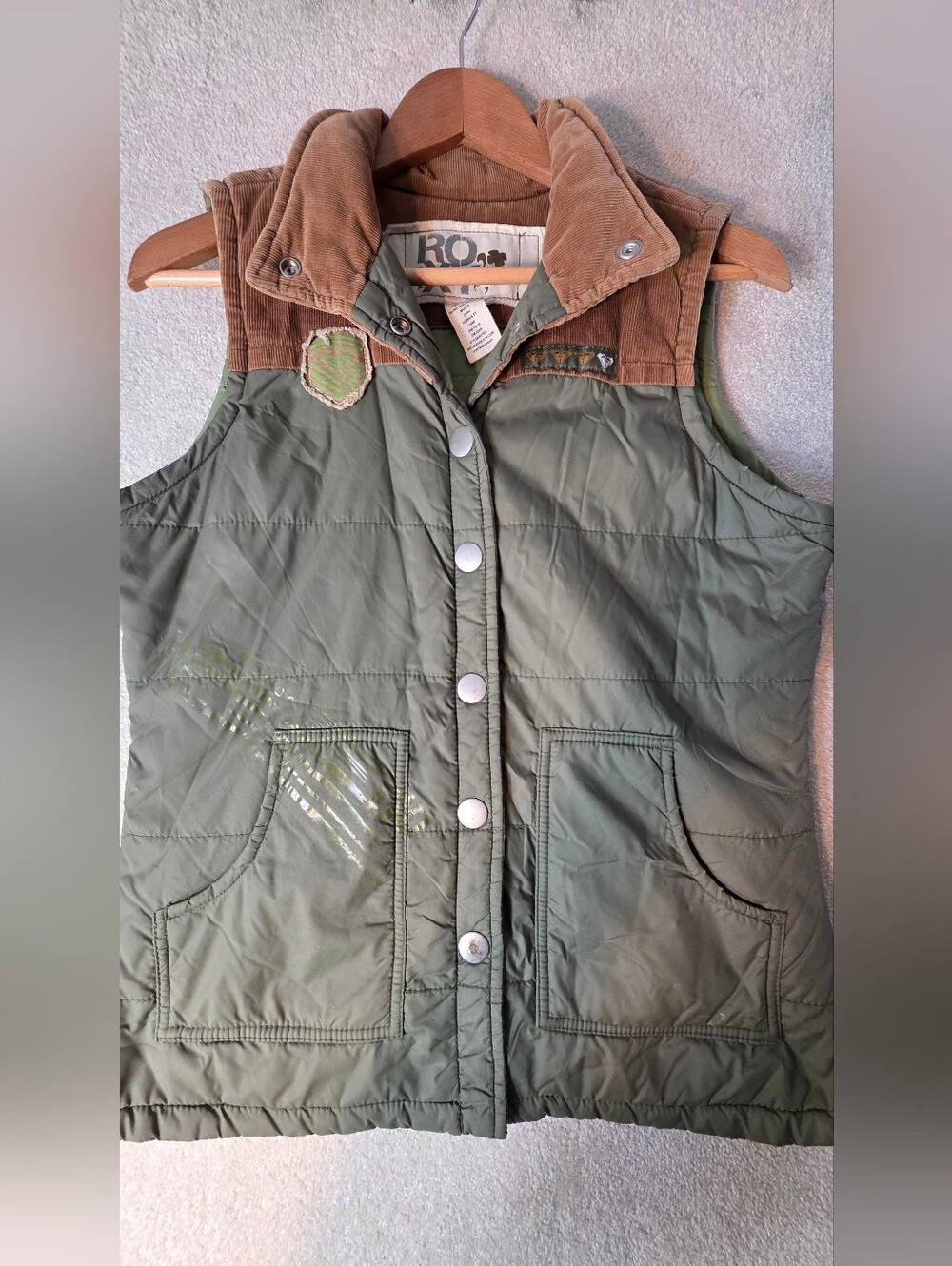 Vintage Y2K Roxy Corduroy Western Vibe Green Patchwork Puffy Vest Womens L